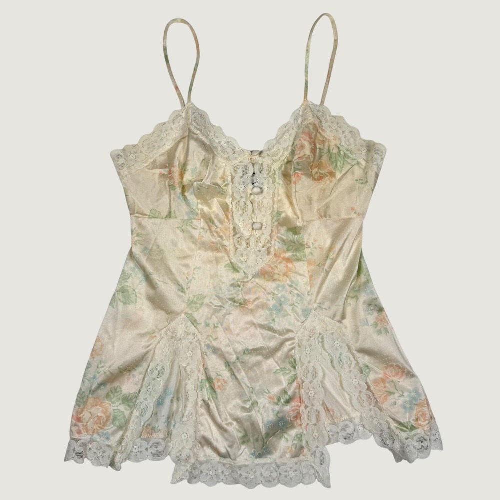 Vintage G's Floral Lace Trim Satin Camisole Top Cream Pastel Lingerie Tank